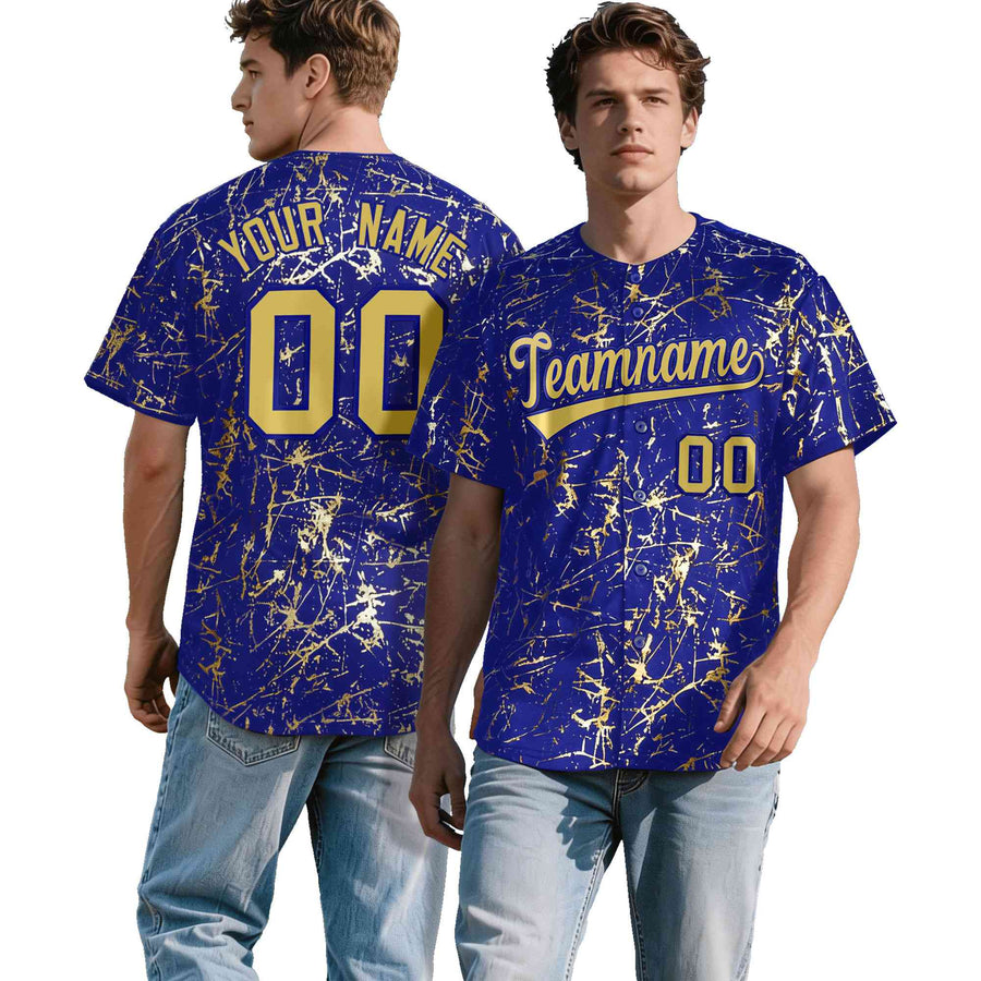 Custom Royal Old Gold Black&Shiny Gold Cracked Foil Hip Hop Button Down Baseball Jersey | BuyFootballJersey
