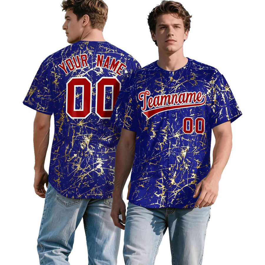Custom Royal Red Metallic Gold Splatter Breathable&Wrinkle-Resistant Baseball Jersey | BuyFootballJersey