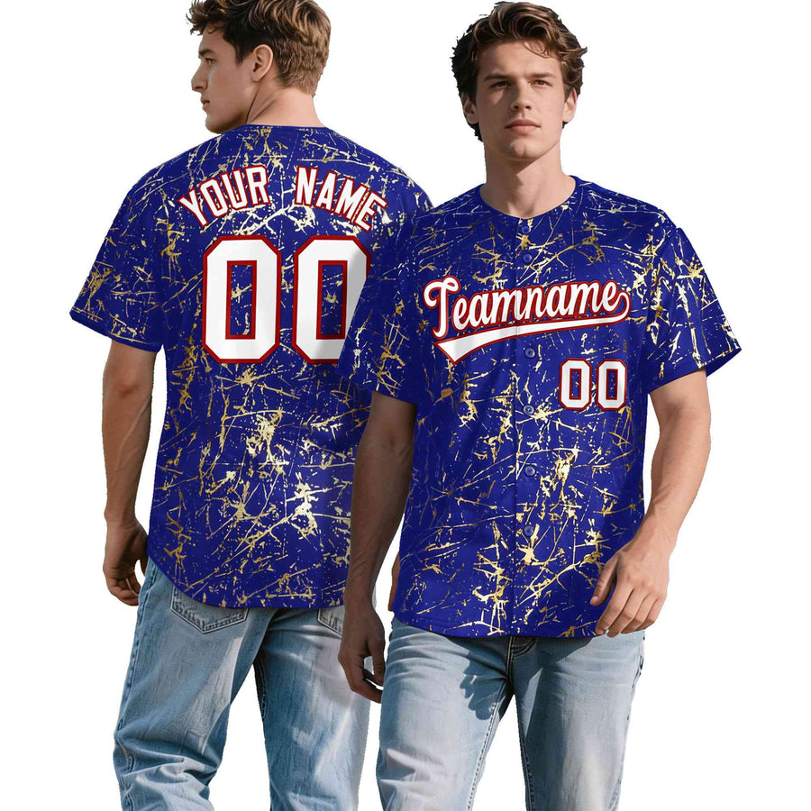 Custom Royal White Black&Gold Marble Print Clubwear Party Streetwear Baseball Jersey | BuyFootballJersey