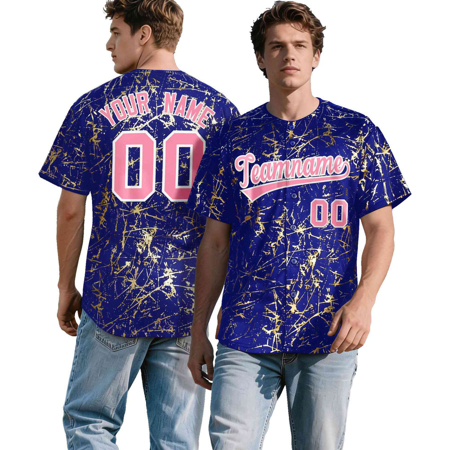 Custom Royal Light Pink Metallic Gold Splatter Urban Streetwear Baseball Jersey | BuyFootballJersey