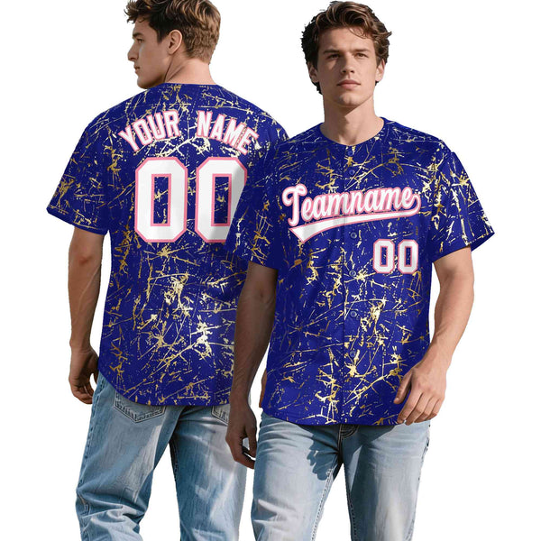 Custom Royal White Black&Shiny Gold Cracked Foil Breathable Mesh Streetwear Baseball Jersey | BuyFootballJersey