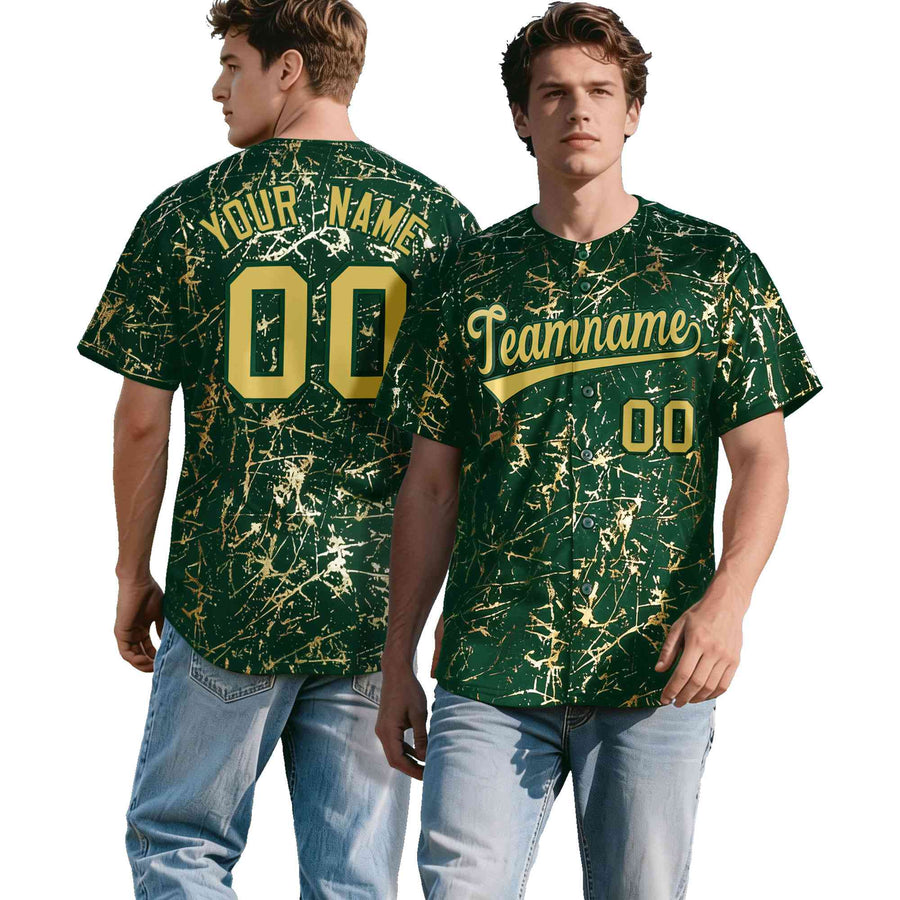 Custom Green Old Gold Black&Shiny Gold Cracked Foil Hip Hop Button Down Baseball Jersey | BuyFootballJersey