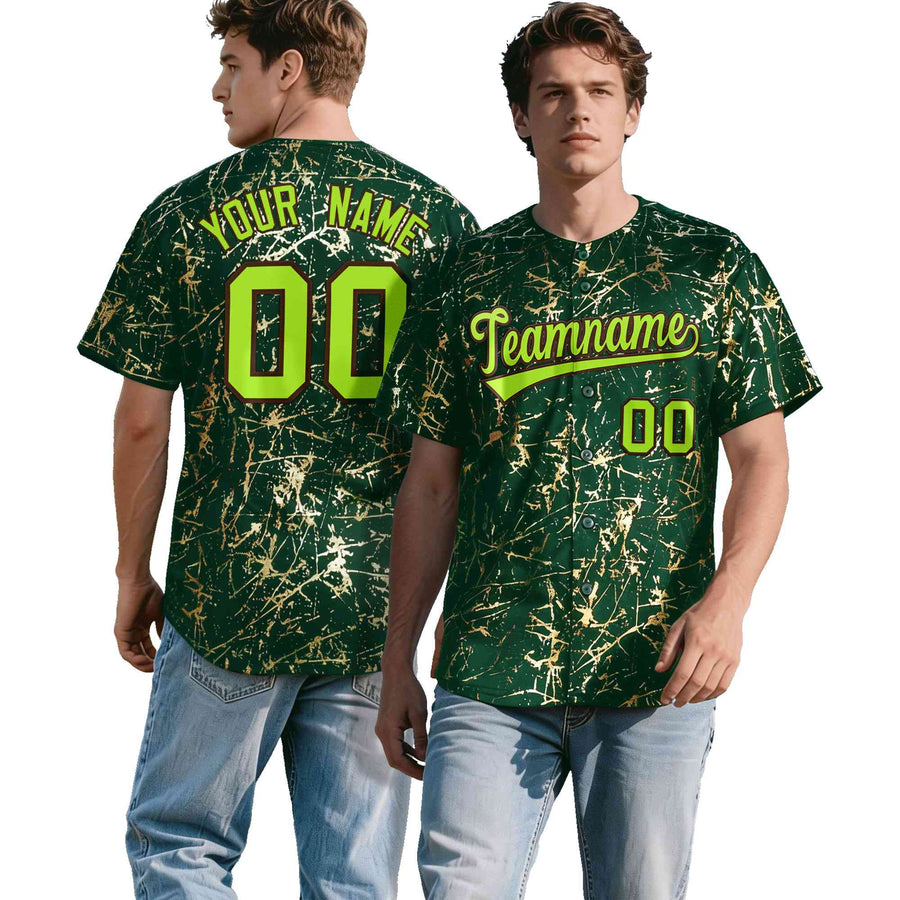 Custom Green Neon Green Black&Gold Marble Print Clubwear Party Streetwear Baseball Jersey | BuyFootballJersey