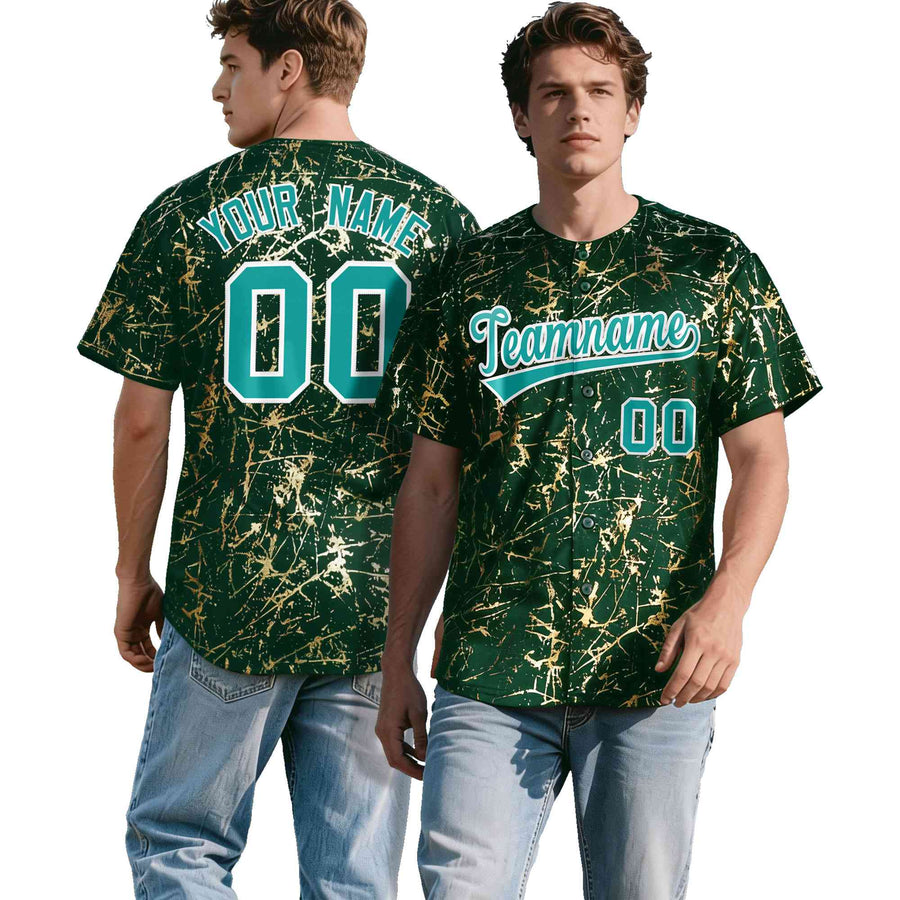 Custom Green Aqua Metallic Gold Splatter Urban Streetwear Baseball Jersey | BuyFootballJersey