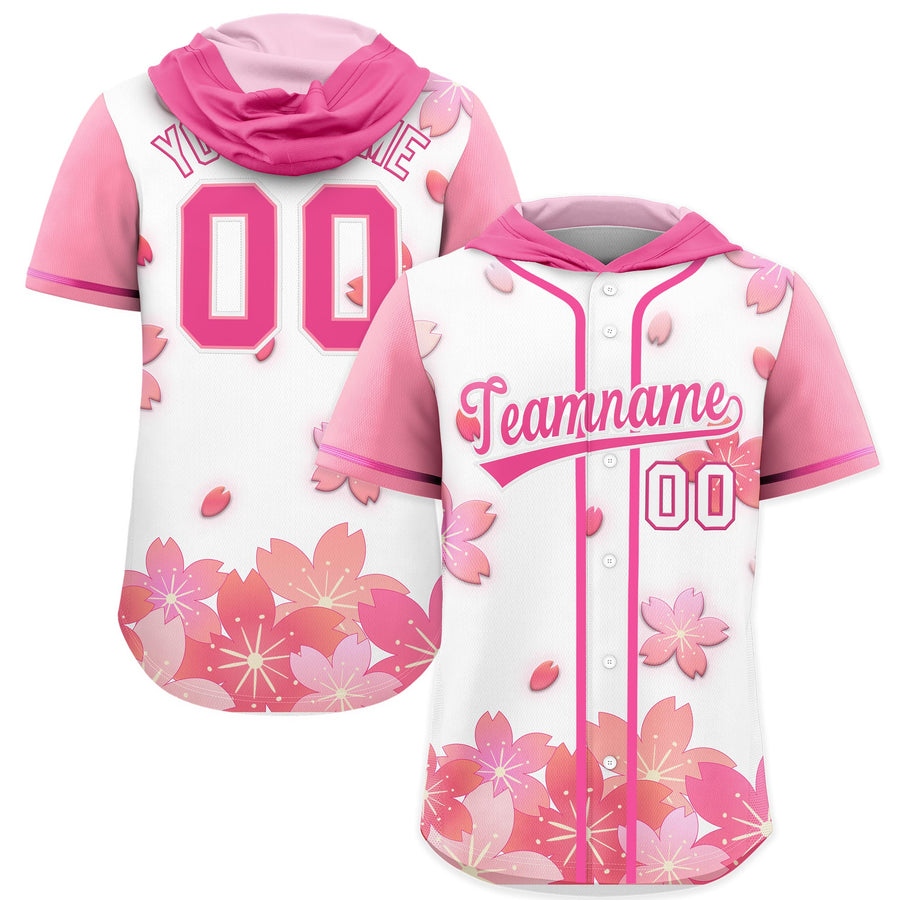 Custom White Pink Cherry Blossoms Raglan Sleeves Quick Dry Baseball Hooded Jersey | BuyFootballJersey