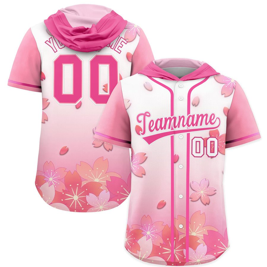 Custom Pink White Cherry Blossoms Raglan Sleeves Breathable Baseball Hooded Jersey | BuyFootballJersey