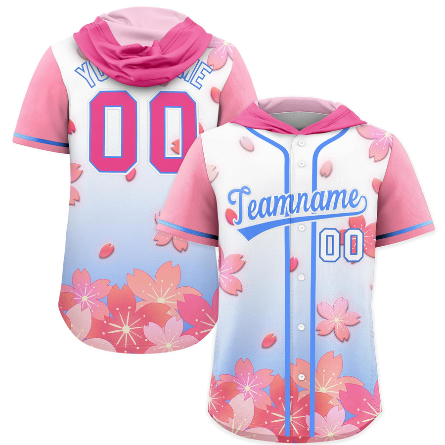 Custom Pink Powder Blue Cherry Blossoms Raglan Sleeves Lightweight Baseball Hooded Jersey | BuyFootballJersey