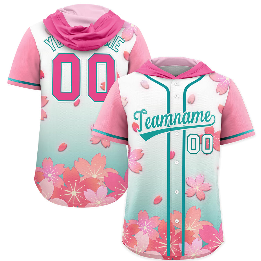 Custom Pink Aqua Cherry Blossoms Raglan Sleeves Wrinkle-Resistant Baseball Hooded Jersey | BuyFootballJersey