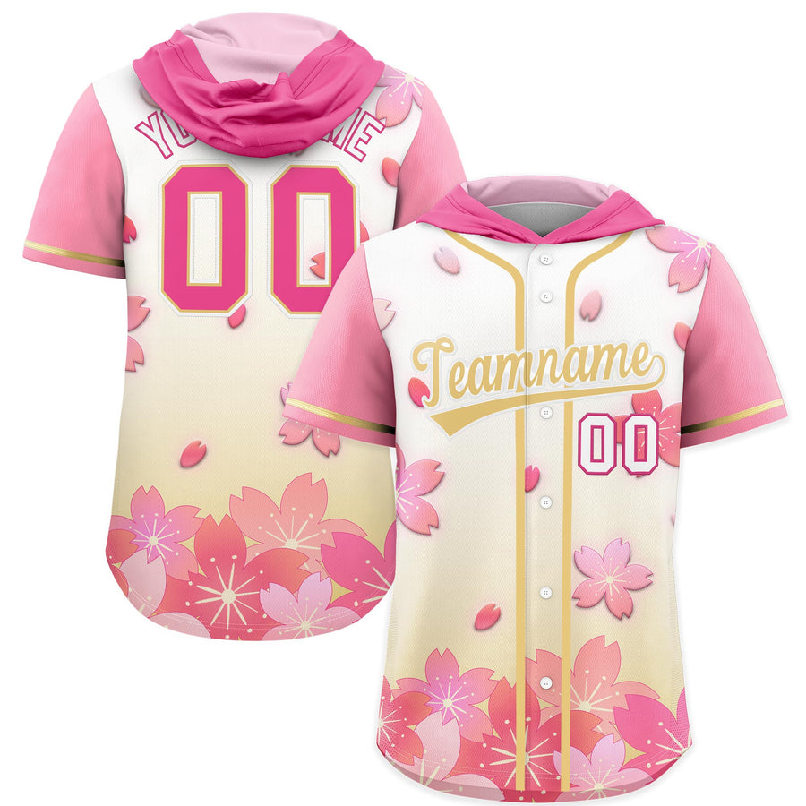 Custom Pink Khaki Cherry Blossoms Raglan Sleeves Moisture-Wicking Baseball Hooded Jersey | BuyFootballJersey