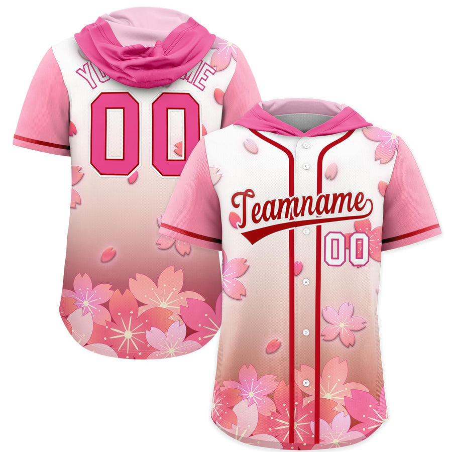 Custom Pink Red Cherry Blossoms Raglan Sleeves Quick Dry Baseball Hooded Jersey | BuyFootballJersey