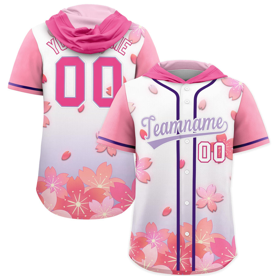 Custom Pink Light Purple Cherry Blossoms Raglan Sleeves Breathable Baseball Hooded Jersey | BuyFootballJersey