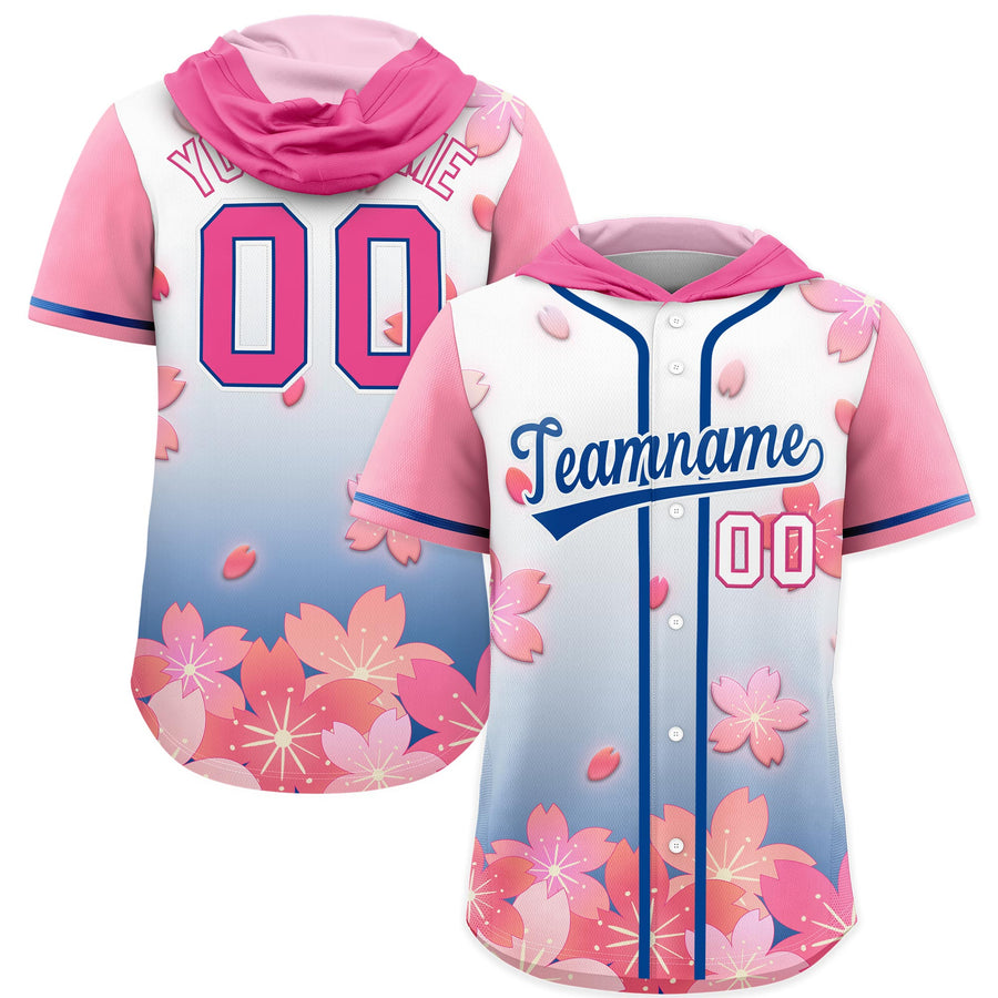 Custom Pink Midnight Blue Cherry Blossoms Raglan Sleeves Lightweight Baseball Hooded Jersey | BuyFootballJersey