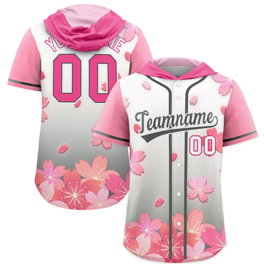 Custom Pink Gray Cherry Blossoms Raglan Sleeves Wrinkle-Resistant Baseball Hooded Jersey | BuyFootballJersey