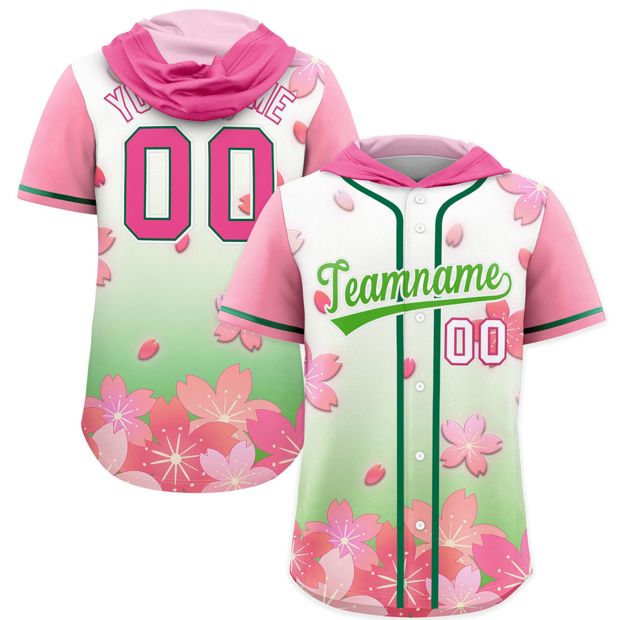 Custom Pink Light Green Cherry Blossoms Raglan Sleeves Moisture-Wicking Baseball Hooded Jersey | BuyFootballJersey