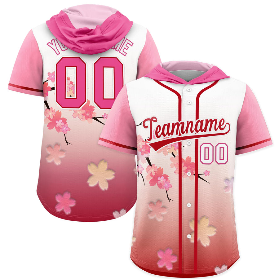 Custom Pink Red Cherry Blossoms Raglan Sleeves Breathable Baseball Hooded Jersey | BuyFootballJersey