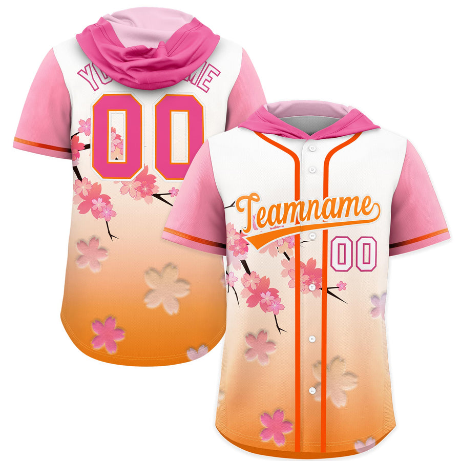 Custom Pink Orange Cherry Blossoms Raglan Sleeves Lightweight Baseball Hooded Jersey | BuyFootballJersey