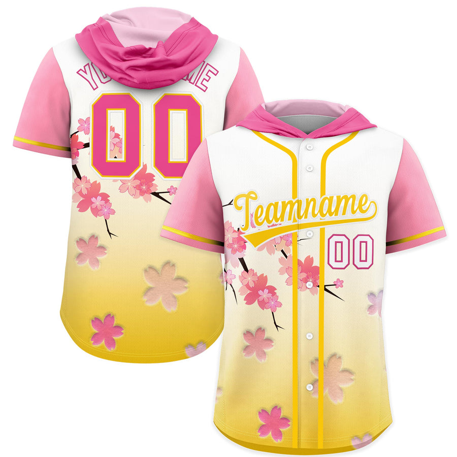 Custom Pink Gold Cherry Blossoms Raglan Sleeves Wrinkle-Resistant Baseball Hooded Jersey | BuyFootballJersey