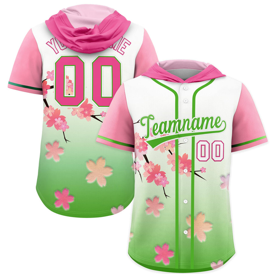 Custom Pink Light Green Cherry Blossoms Raglan Sleeves Moisture-Wicking Baseball Hooded Jersey | BuyFootballJersey
