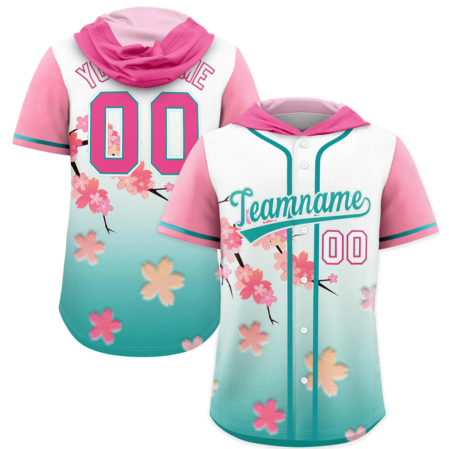 Custom Pink Aqua Cherry Blossoms Raglan Sleeves Quick Dry Baseball Hooded Jersey | BuyFootballJersey
