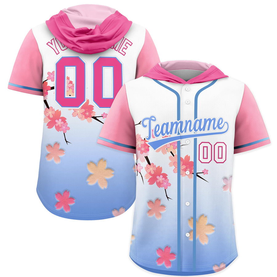 Custom Pink Light Blue Cherry Blossoms Raglan Sleeves Breathable Baseball Hooded Jersey | BuyFootballJersey