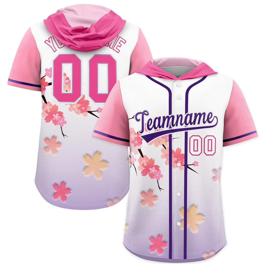Custom Pink Purple Cherry Blossoms Raglan Sleeves Lightweight Baseball Hooded Jersey | BuyFootballJersey