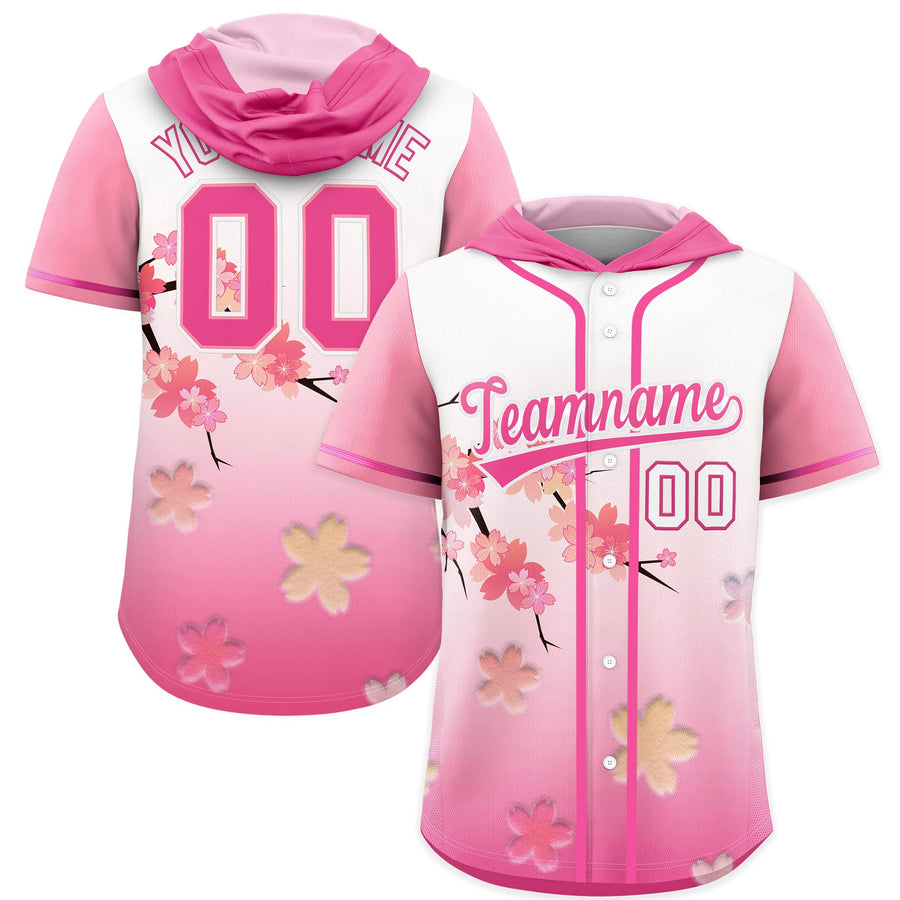 Custom Pink White Cherry Blossoms Raglan Sleeves Wrinkle-Resistant Baseball Hooded Jersey | BuyFootballJersey