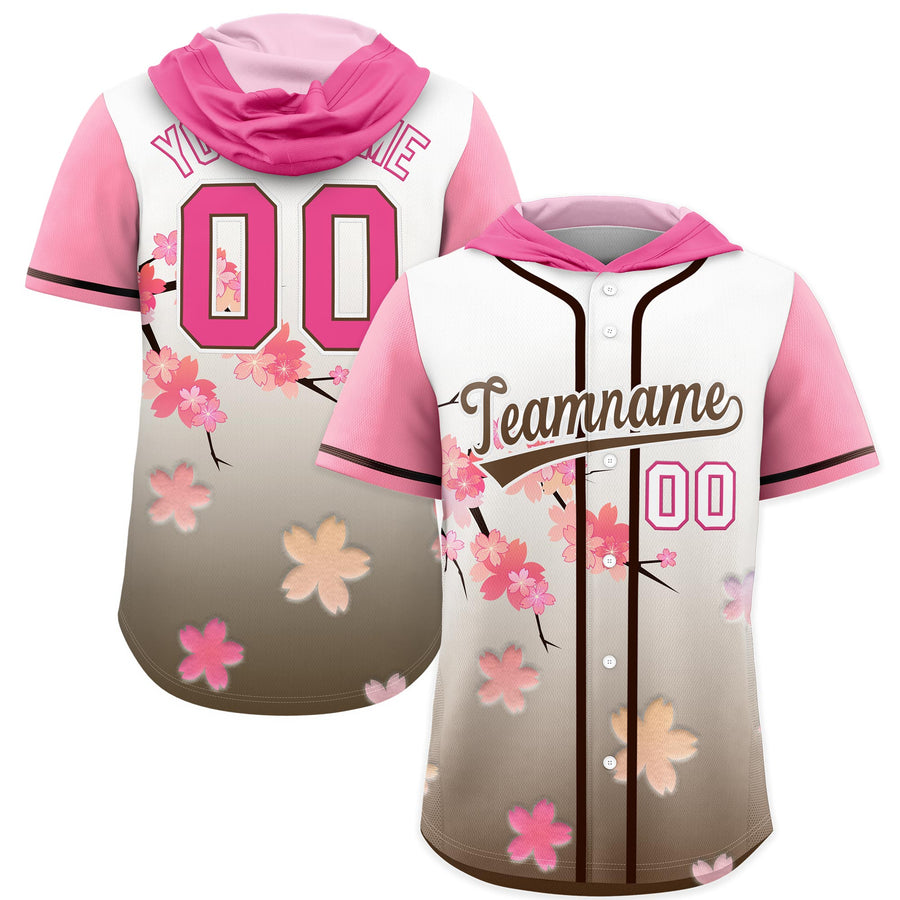 Custom Pink Light Brown Cherry Blossoms Raglan Sleeves Moisture-Wicking Baseball Hooded Jersey | BuyFootballJersey