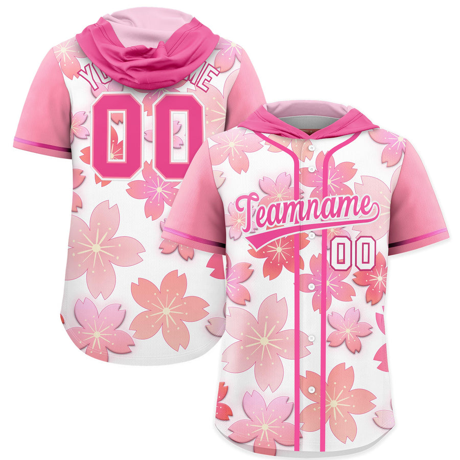 Custom Pink White Cherry Blossoms Raglan Sleeves Quick Dry Baseball Hooded Jersey | BuyFootballJersey