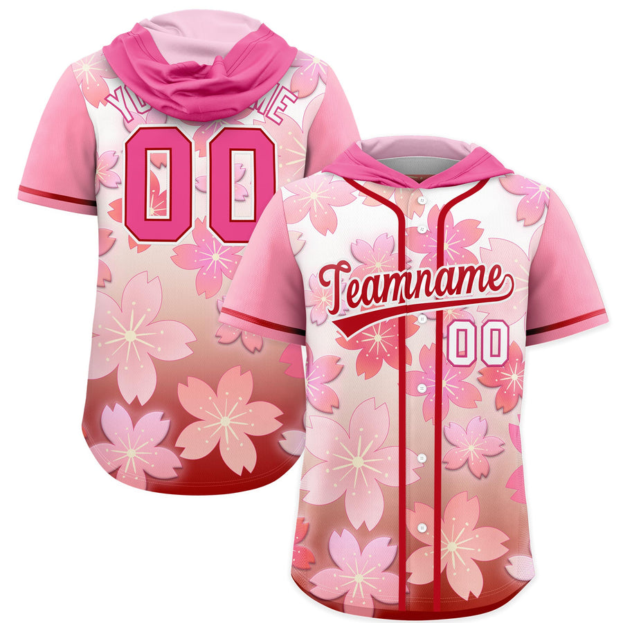 Custom Pink Red Cherry Blossoms Raglan Sleeves Lightweight Baseball Hooded Jersey | BuyFootballJersey