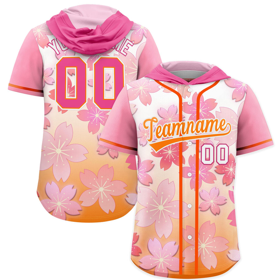 Custom Pink Orange Cherry Blossoms Raglan Sleeves Wrinkle-Resistant Baseball Hooded Jersey | BuyFootballJersey