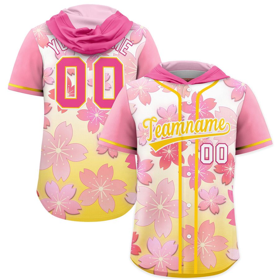 Custom Pink Gold Cherry Blossoms Raglan Sleeves Moisture-Wicking Baseball Hooded Jersey | BuyFootballJersey