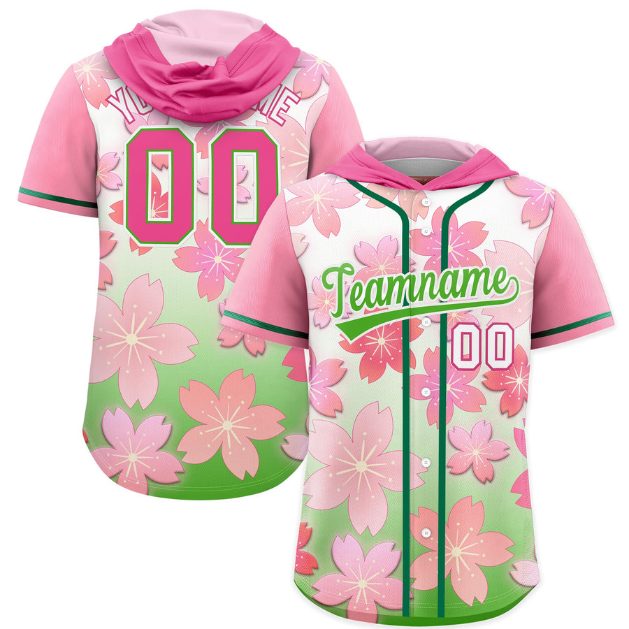 Custom Pink Light Green Cherry Blossoms Raglan Sleeves Quick Dry Baseball Hooded Jersey | BuyFootballJersey