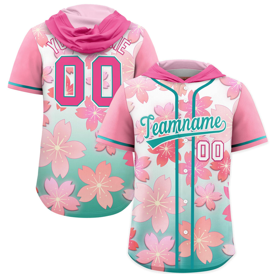 Custom Pink Aqua Cherry Blossoms Raglan Sleeves Breathable Baseball Hooded Jersey | BuyFootballJersey