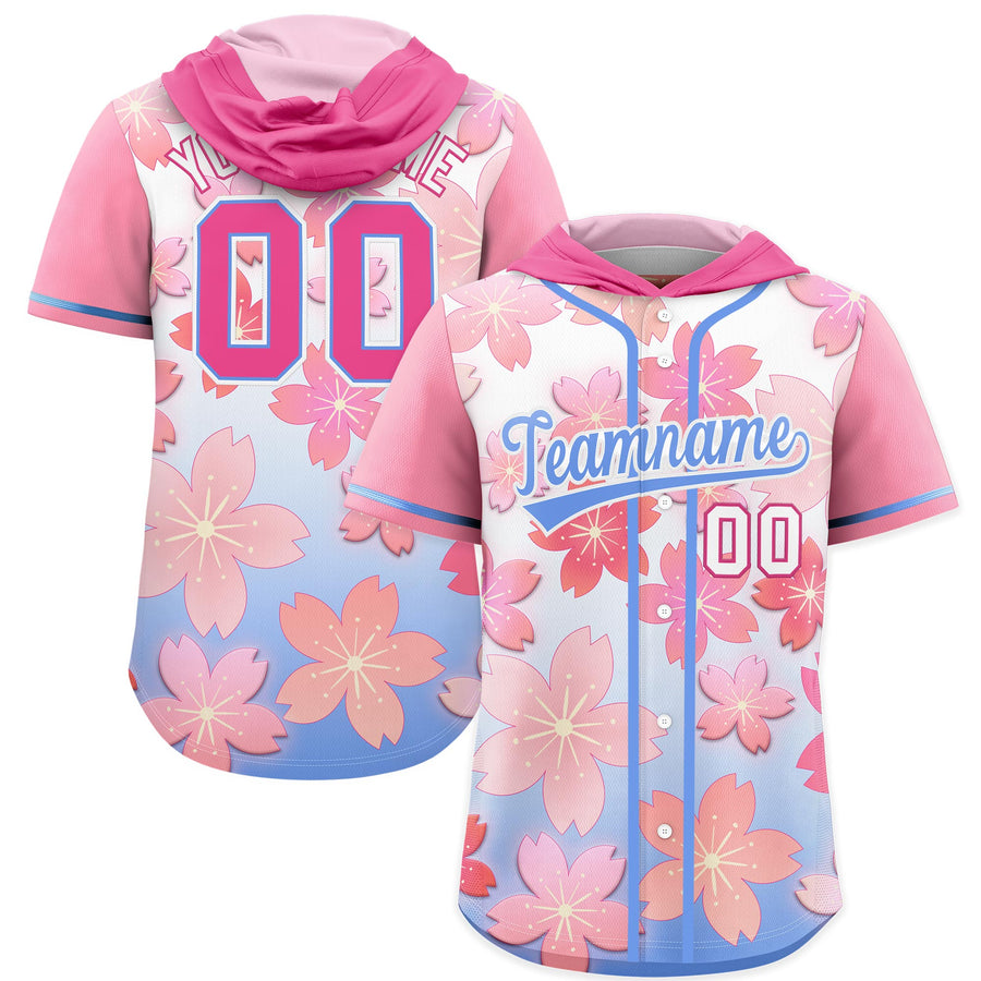 Custom Pink Light Blue Cherry Blossoms Raglan Sleeves Lightweight Baseball Hooded Jersey | BuyFootballJersey