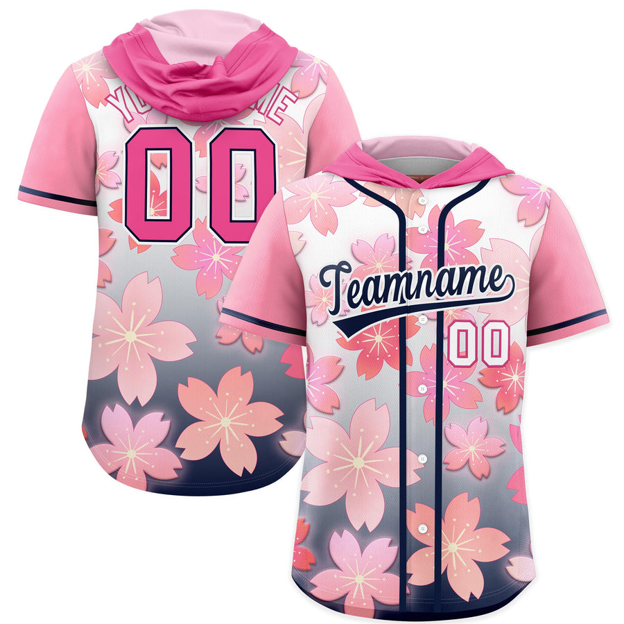 Custom Pink Navy Cherry Blossoms Raglan Sleeves Wrinkle-Resistant Baseball Hooded Jersey | BuyFootballJersey