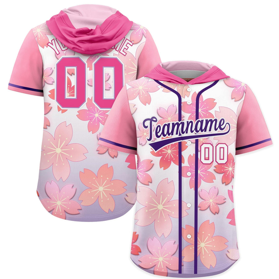 Custom Pink Purple Cherry Blossoms Raglan Sleeves Moisture-Wicking Baseball Hooded Jersey | BuyFootballJersey