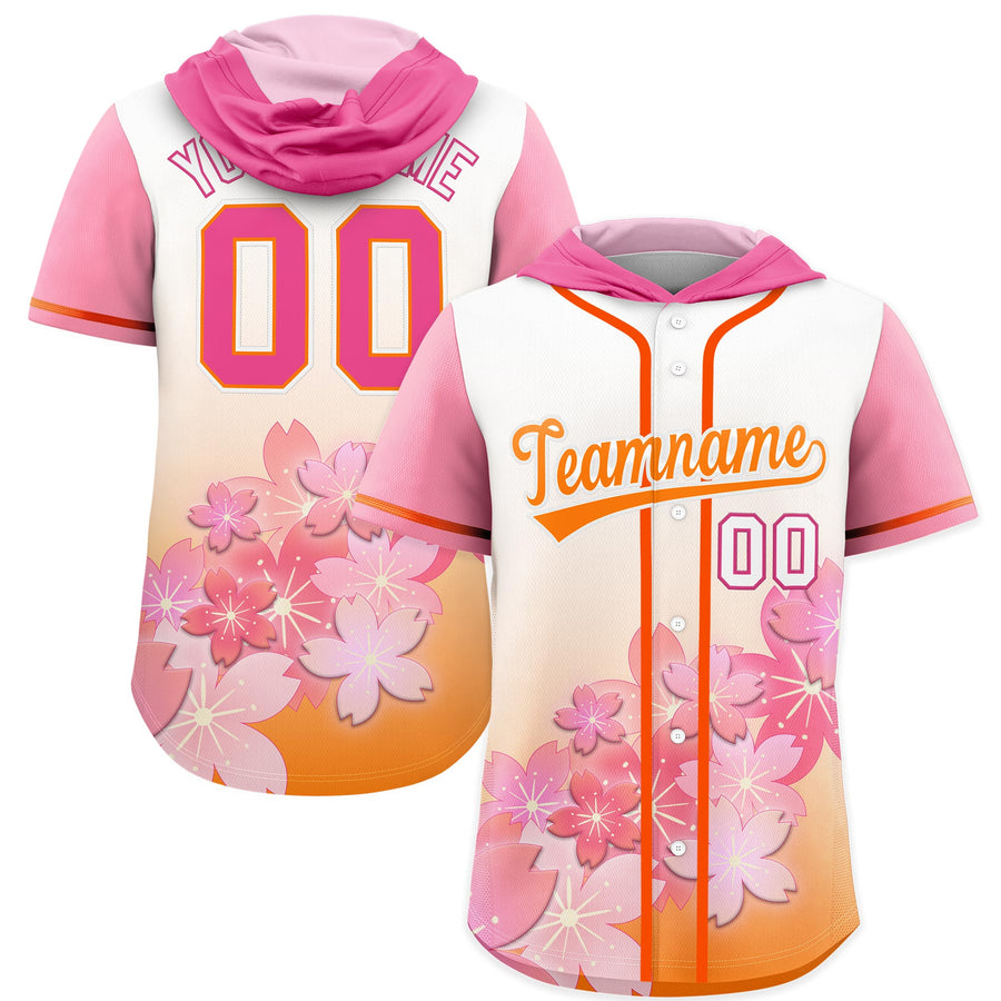 Custom Pink Orange Cherry Blossoms Raglan Sleeves Lightweight Baseball Hooded Jersey | BuyFootballJersey