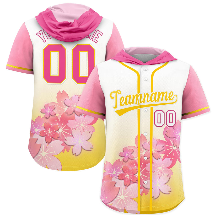 Custom Gold White Cherry Blossoms Raglan Sleeves Wrinkle-Resistant Baseball Hooded Jersey | BuyFootballJersey