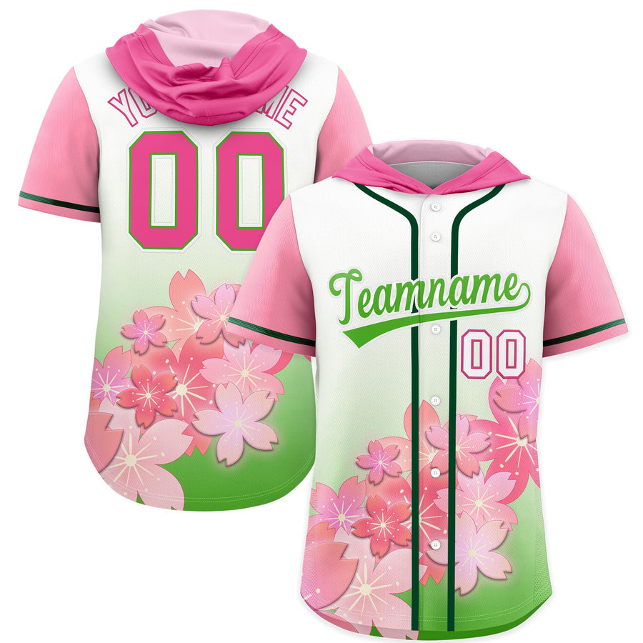 Custom Pink Light Green Cherry Blossoms Raglan Sleeves Moisture-Wicking Baseball Hooded Jersey | BuyFootballJersey