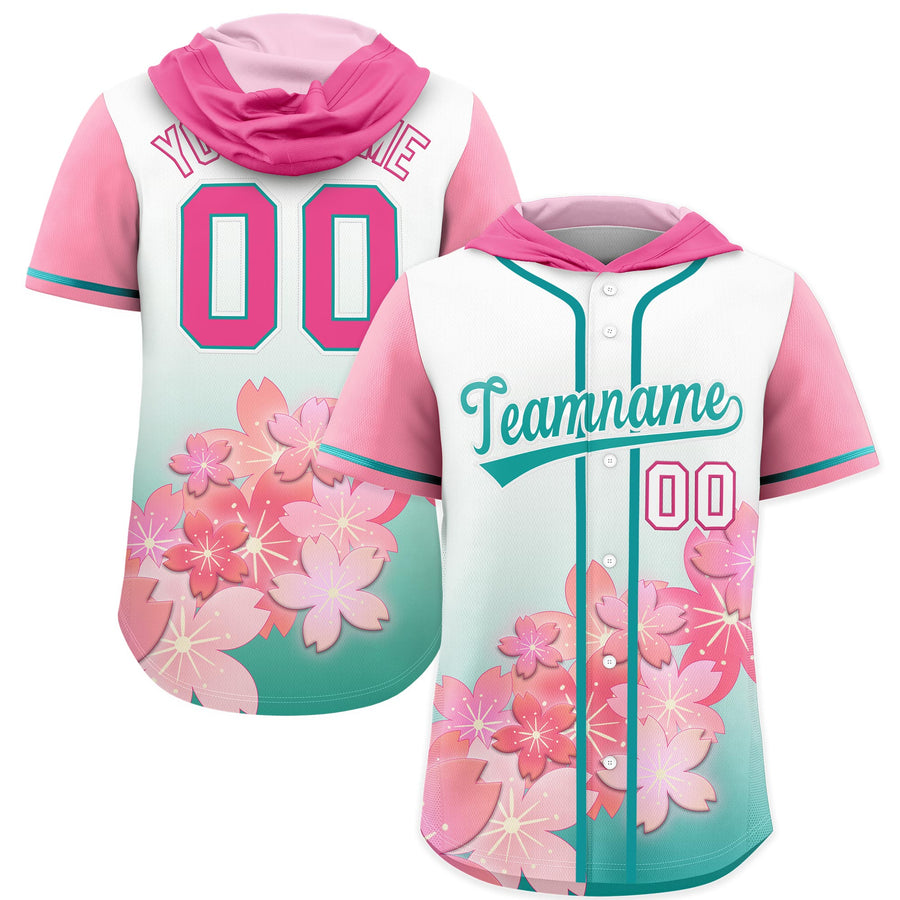Custom Pink Aqua Cherry Blossoms Raglan Sleeves Quick Dry Baseball Hooded Jersey | BuyFootballJersey