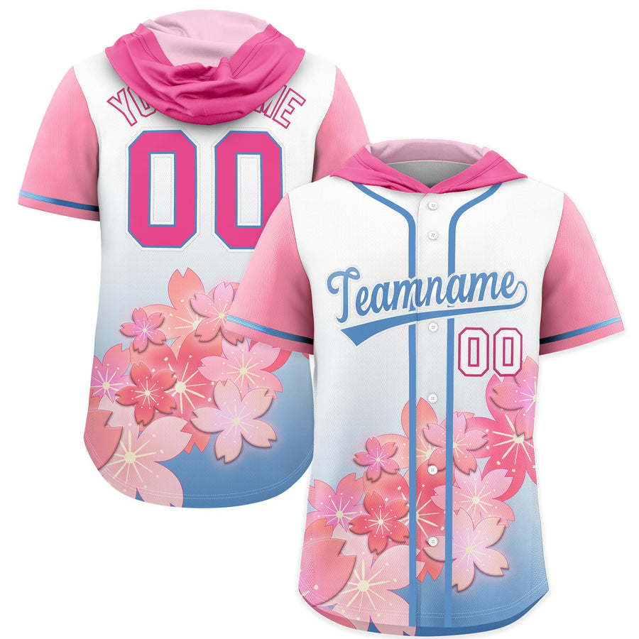 Custom Pink Light Blue Cherry Blossoms Raglan Sleeves Breathable Baseball Hooded Jersey | BuyFootballJersey