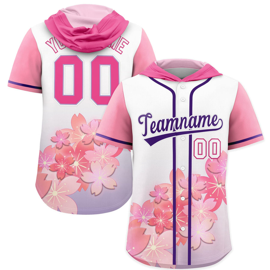 Custom Pink Purple Cherry Blossoms Raglan Sleeves Lightweight Baseball Hooded Jersey | BuyFootballJersey
