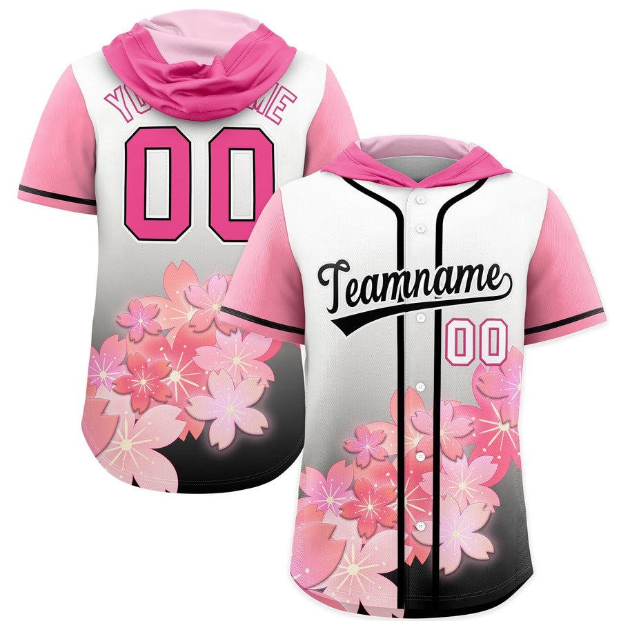 Custom Pink Black Cherry Blossoms Raglan Sleeves Wrinkle-Resistant Baseball Hooded Jersey | BuyFootballJersey