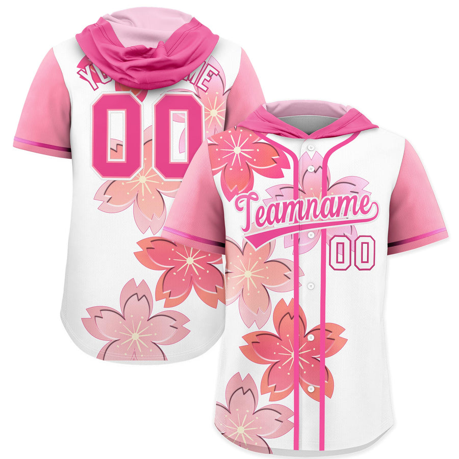 Custom Pink White Cherry Blossoms Raglan Sleeves Moisture-Wicking Baseball Hooded Jersey | BuyFootballJersey