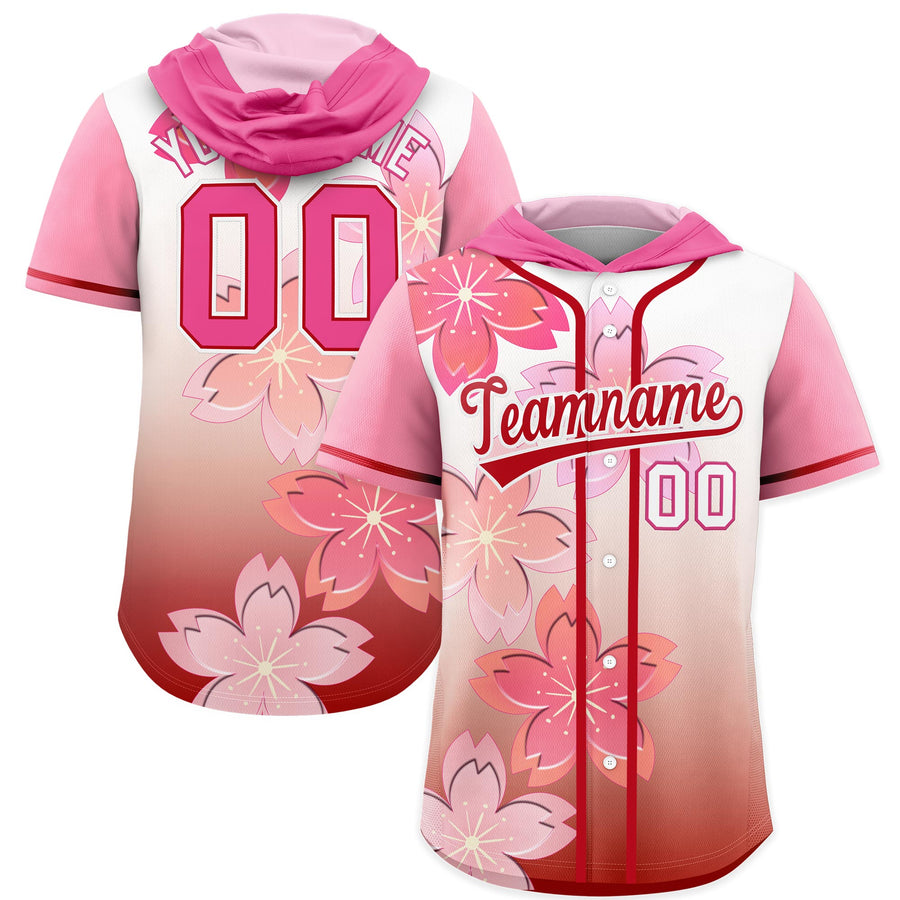 Custom Pink Red Cherry Blossoms Raglan Sleeves Quick Dry Baseball Hooded Jersey | BuyFootballJersey