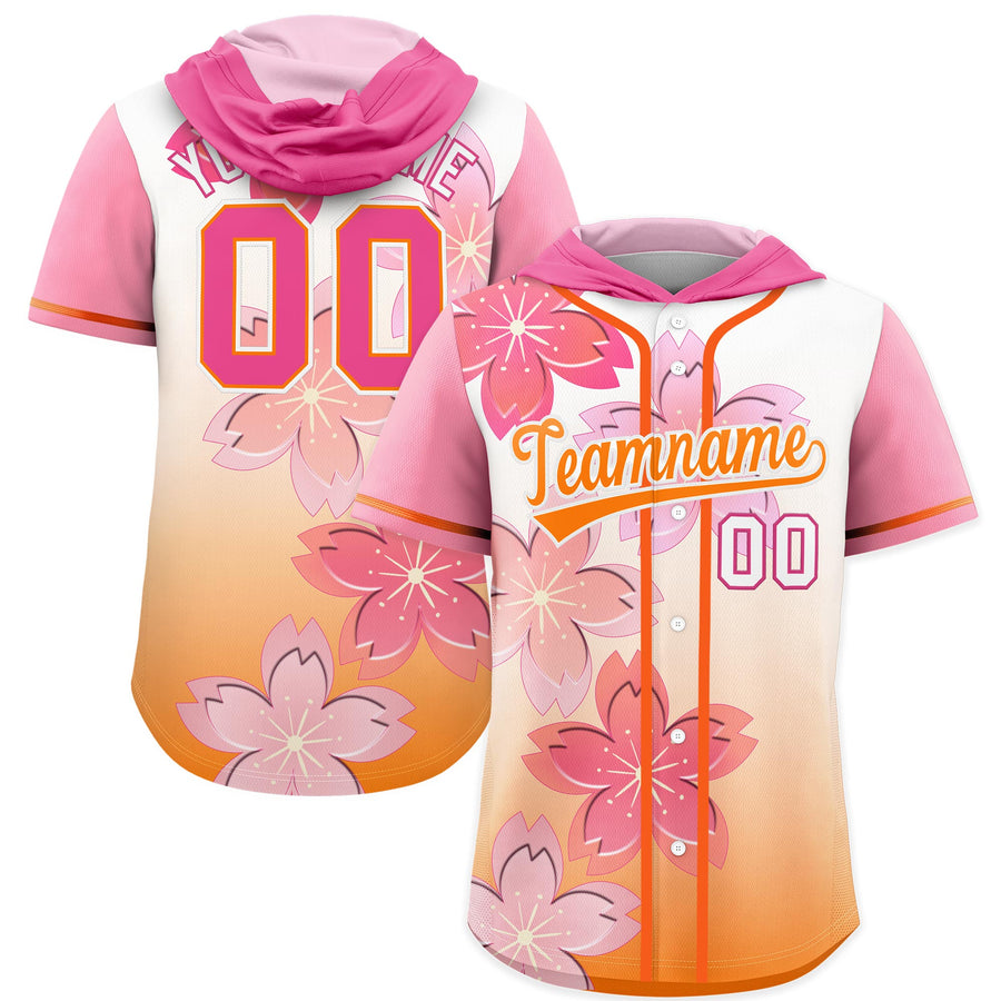 Custom Pink Orange Cherry Blossoms Raglan Sleeves Breathable Baseball Hooded Jersey | BuyFootballJersey