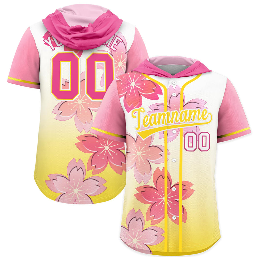 Custom Pink Gold Cherry Blossoms Raglan Sleeves Lightweight Baseball Hooded Jersey | BuyFootballJersey