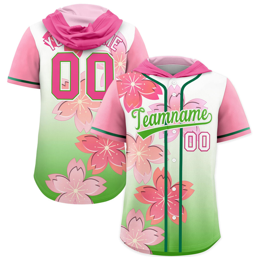 Custom Pink Light Green Cherry Blossoms Raglan Sleeves Wrinkle-Resistant Baseball Hooded Jersey | BuyFootballJersey