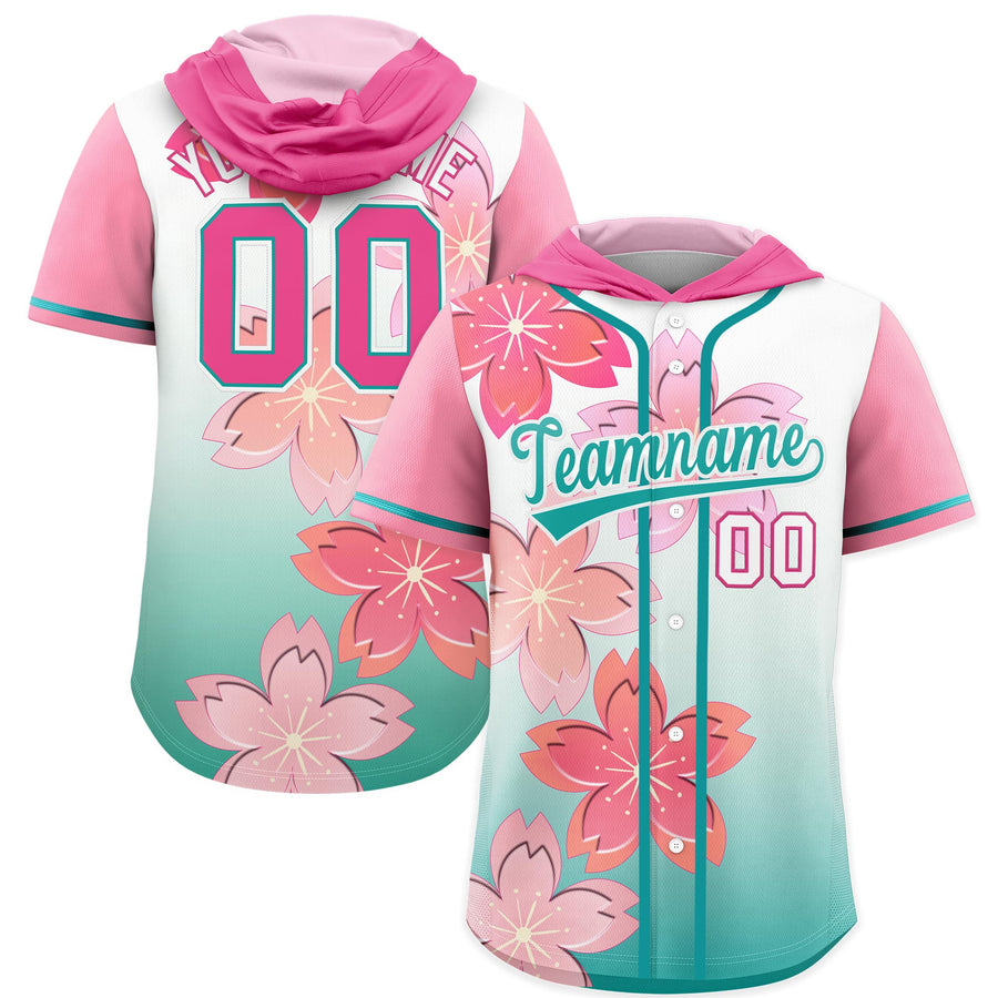 Custom Pink Teal Cherry Blossoms Raglan Sleeves Moisture-Wicking Baseball Hooded Jersey | BuyFootballJersey