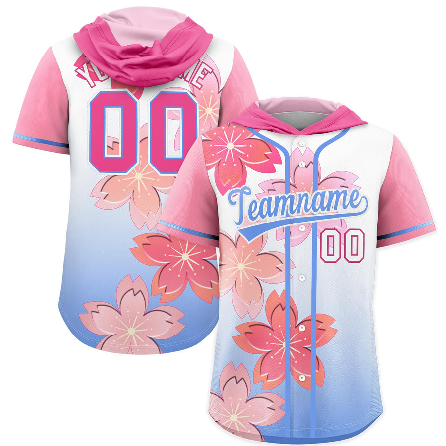 Custom Pink Light Blue Cherry Blossoms Raglan Sleeves Quick Dry Baseball Hooded Jersey | BuyFootballJersey
